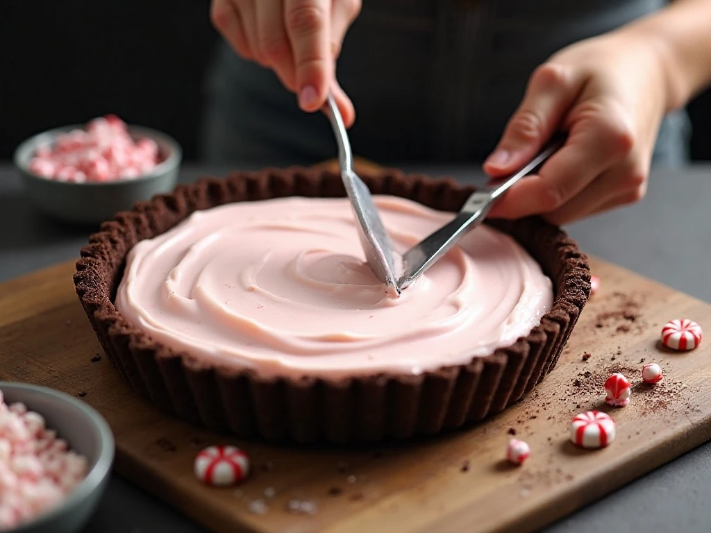 Smoothing creamy peppermint filling into a chocolate cookie crust