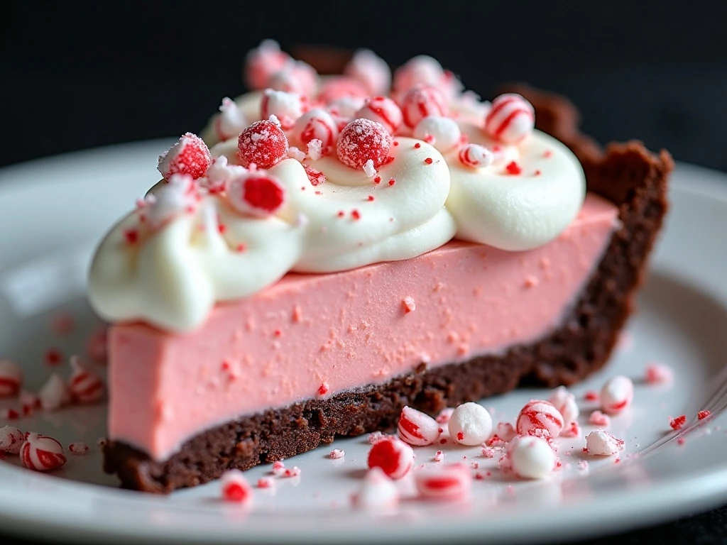 Close-up slice of peppermint pie with whipped topping and candy cane garnish