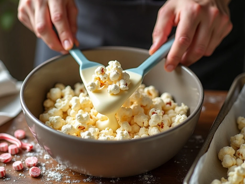 Folding melted white chocolate through popcorn for peppermint bark