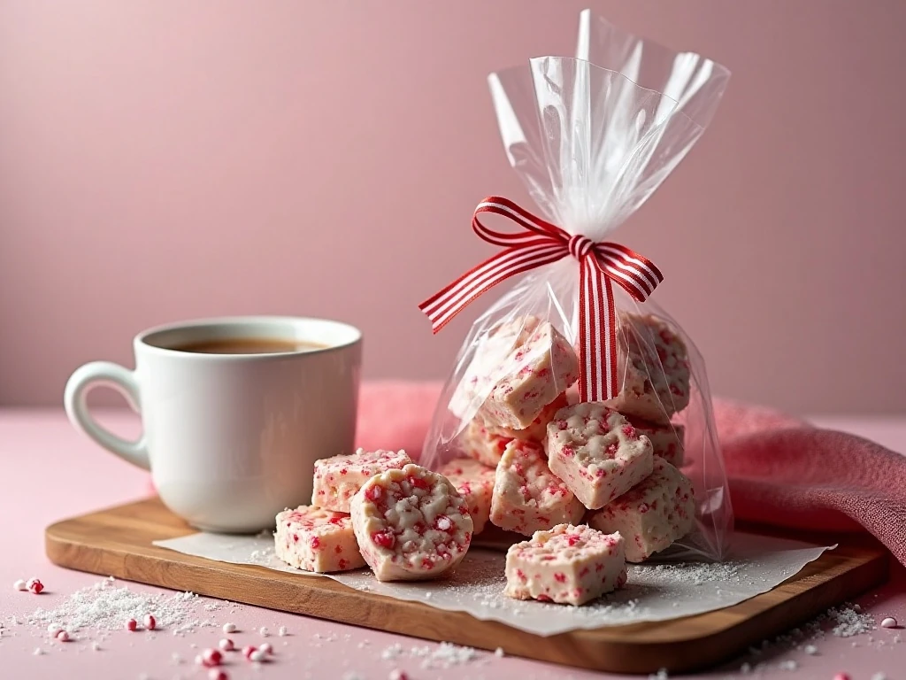 Peppermint popcorn bark packaged for holiday gifting