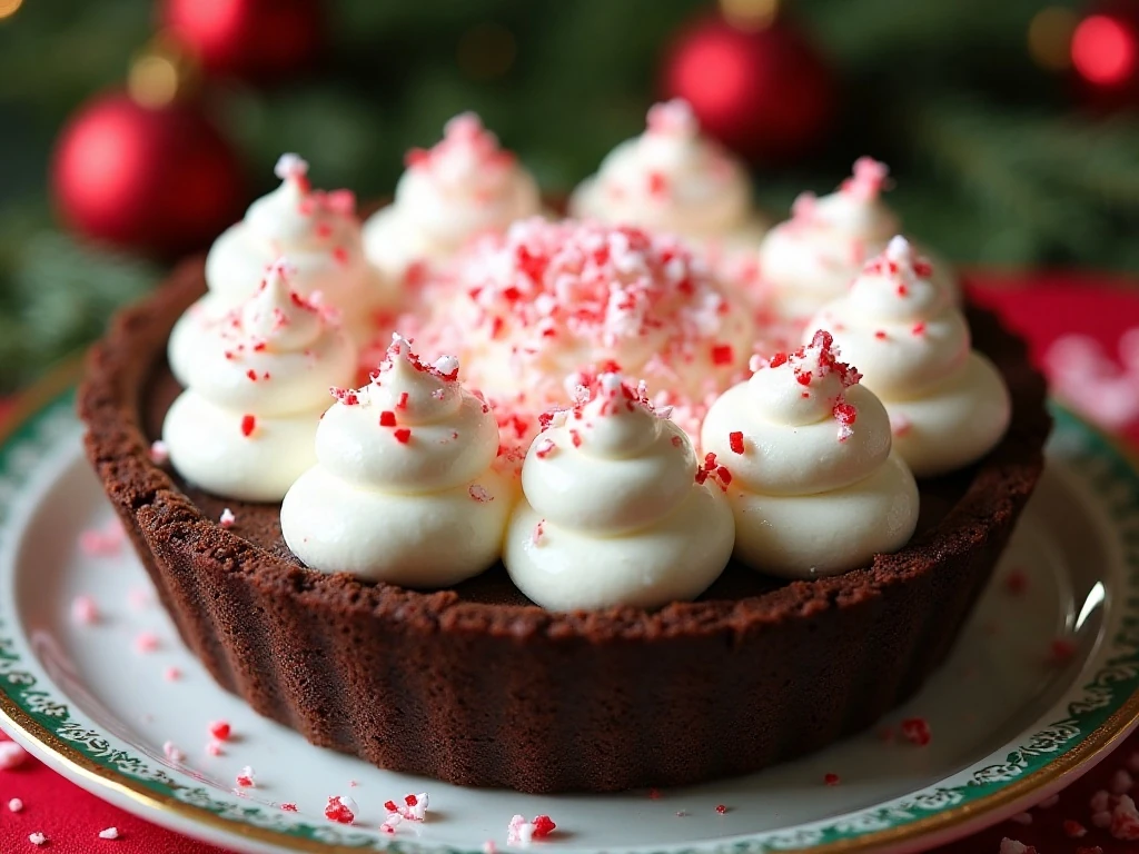 Whole no-bake peppermint pudding pie with chocolate crust and candy cane garnish
