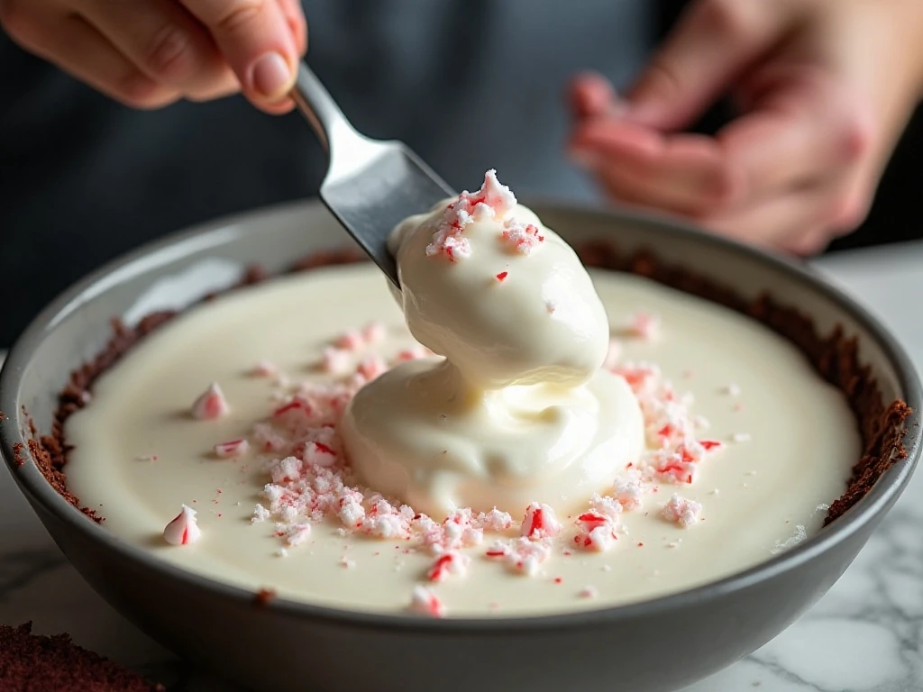 Folding whipped topping into peppermint pudding pie filling