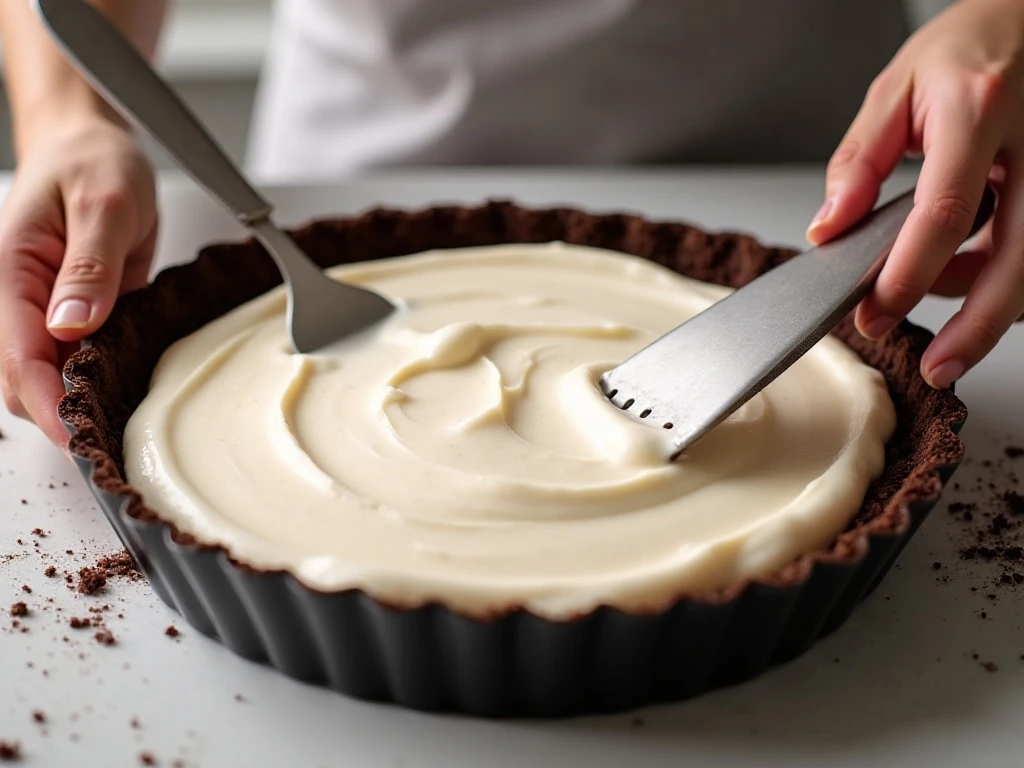 Smoothing creamy peppermint filling into chocolate pie crust