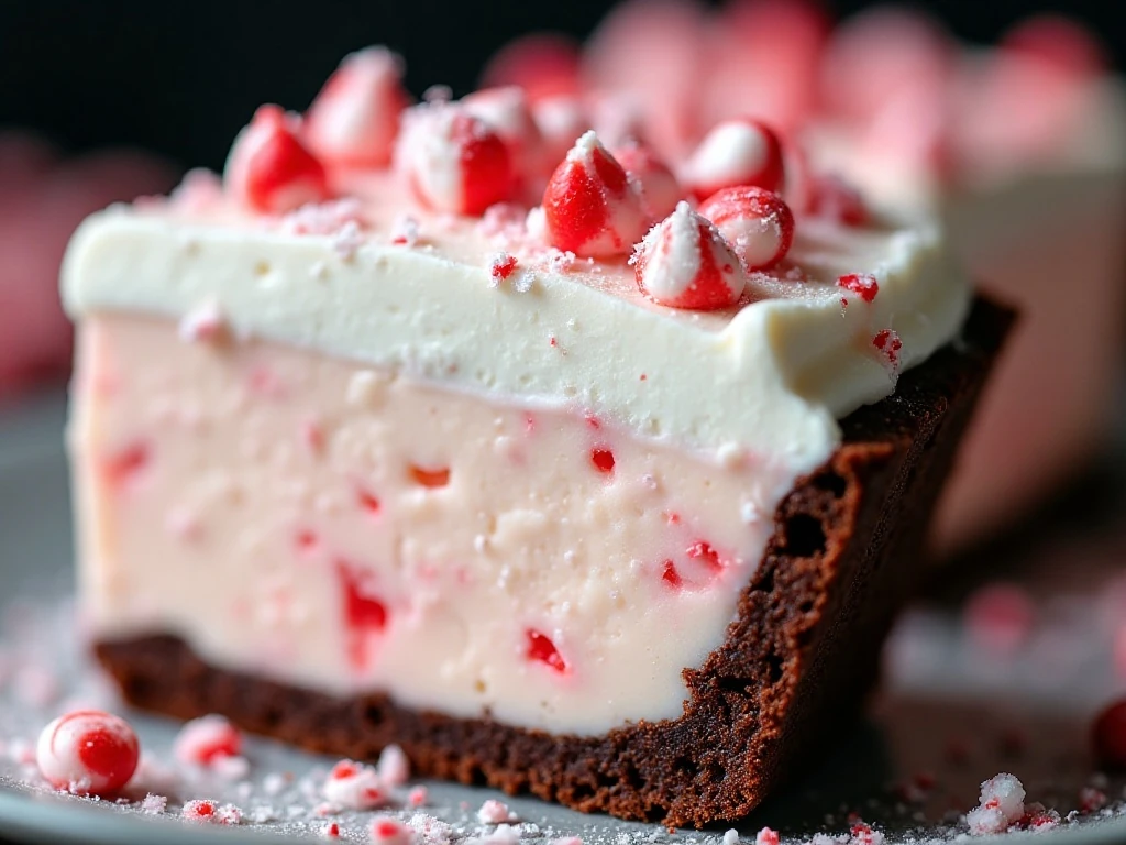 Close-up slice of peppermint pudding pie with candy cane topping