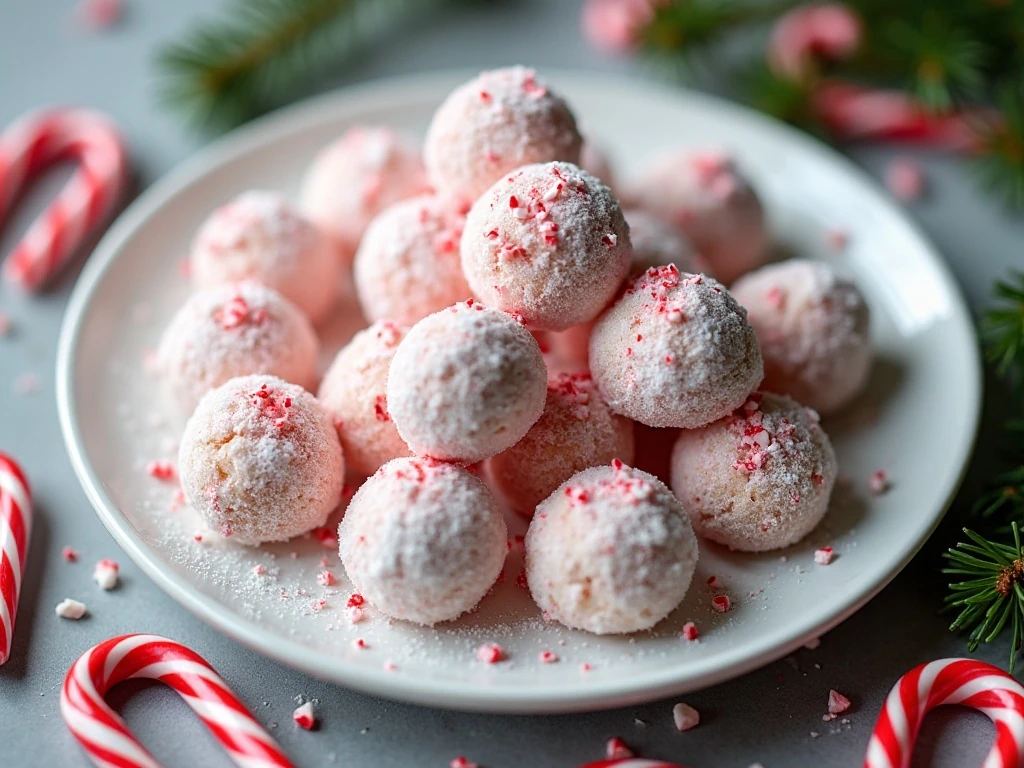 Peppermint snowball cookies piled on a festive serving platter