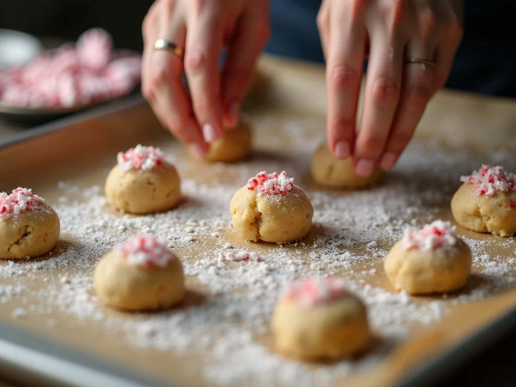 Rolling peppermint snowball cookie dough into balls