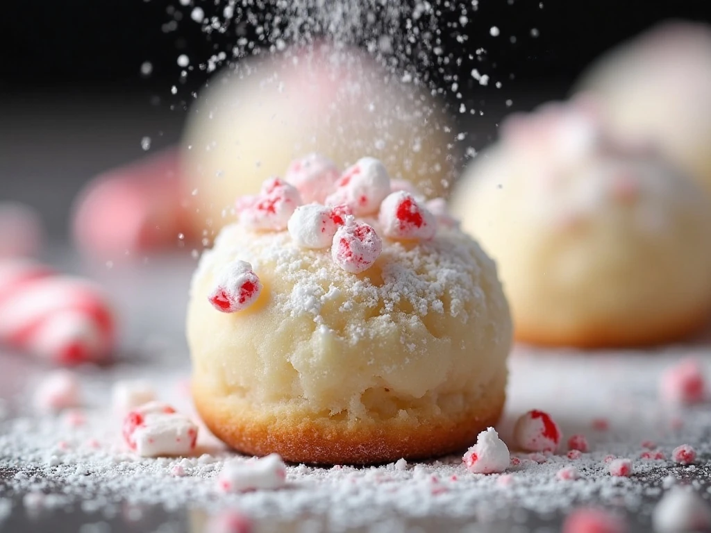 Powdered sugar and peppermint coating on a snowball cookie