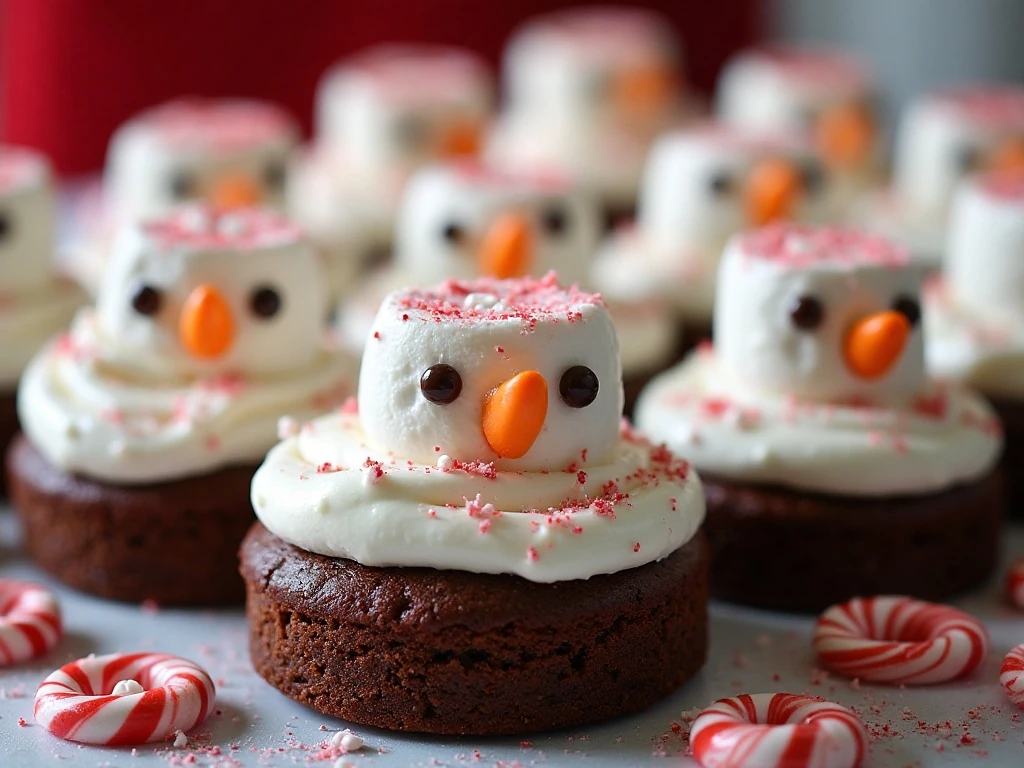 Peppermint snowmen brownies arranged on a festive holiday platter