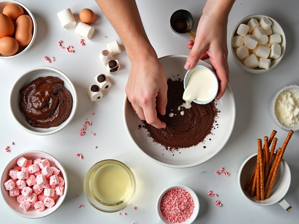 Ingredients for easy peppermint snowmen brownies