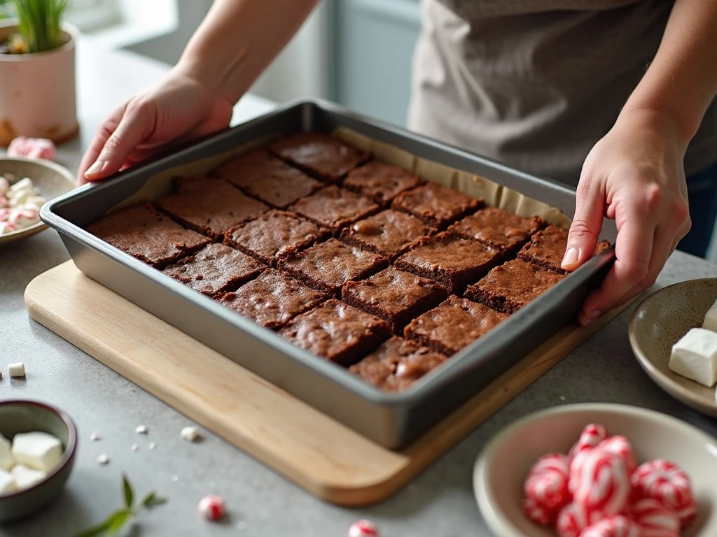 Cutting cooled brownies before decorating snowmen