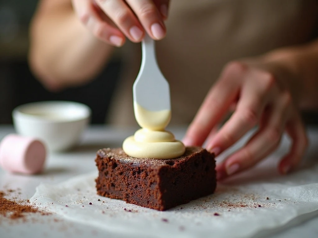 Spreading vanilla frosting on a cooled brownie square
