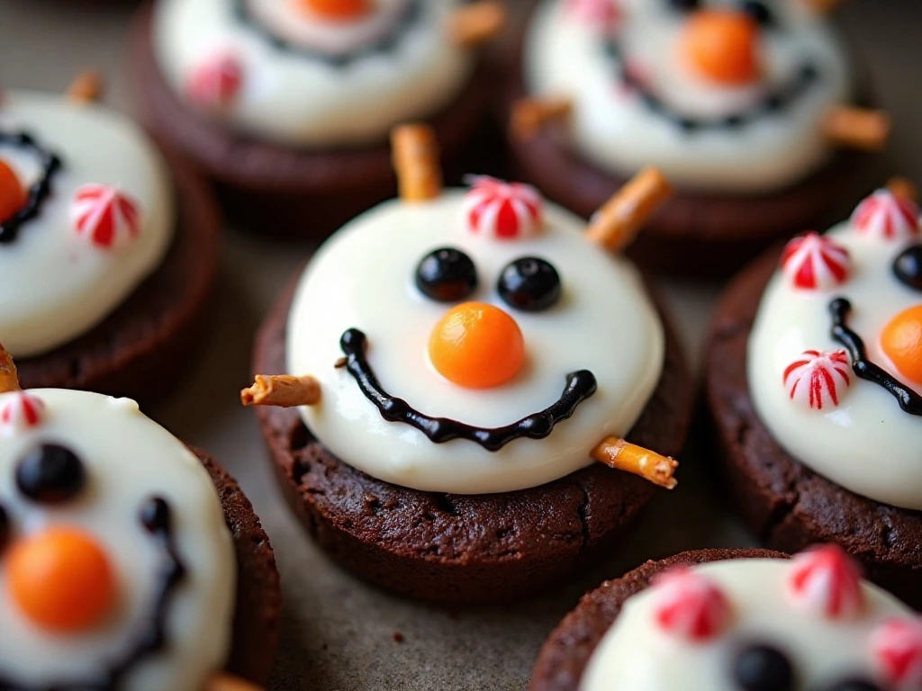 Close-up of decorated peppermint brownie snowman faces