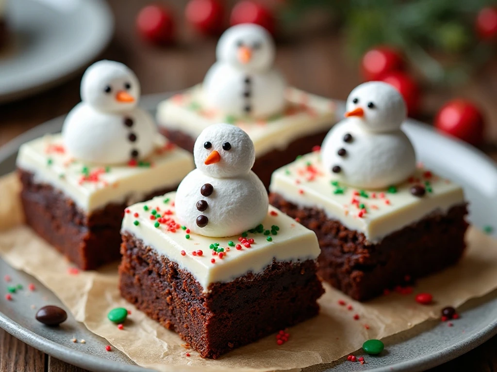 Snowmen brownies ready to serve at a holiday gathering