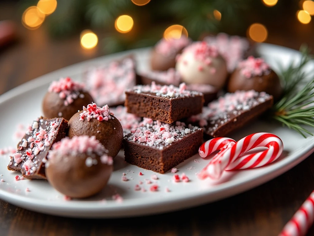 Assorted easy peppermint treats arranged on a festive holiday dessert platter