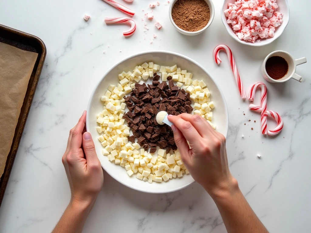 Ingredients for classic peppermint bark including chocolate and candy canes