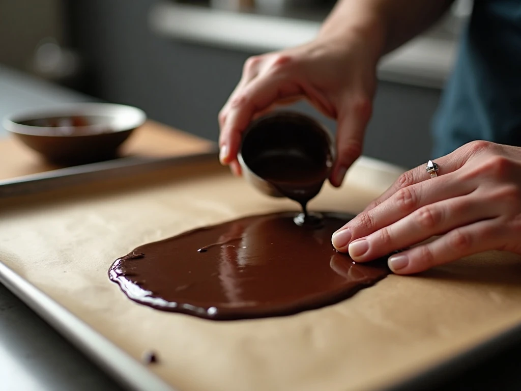 Melted chocolate being spread for a peppermint bark base