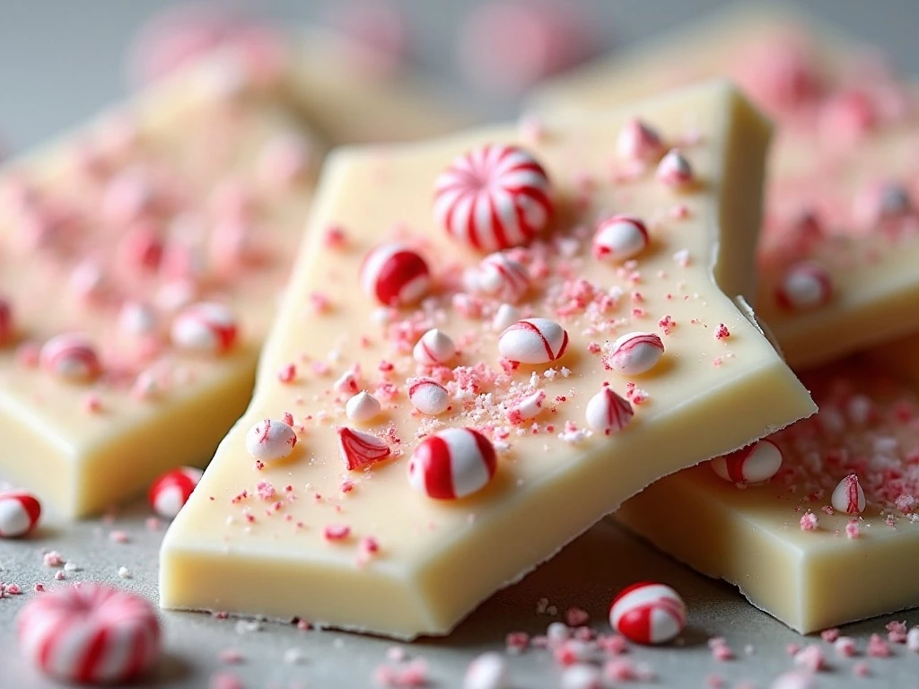 Close-up of crushed candy cane topping on peppermint bark