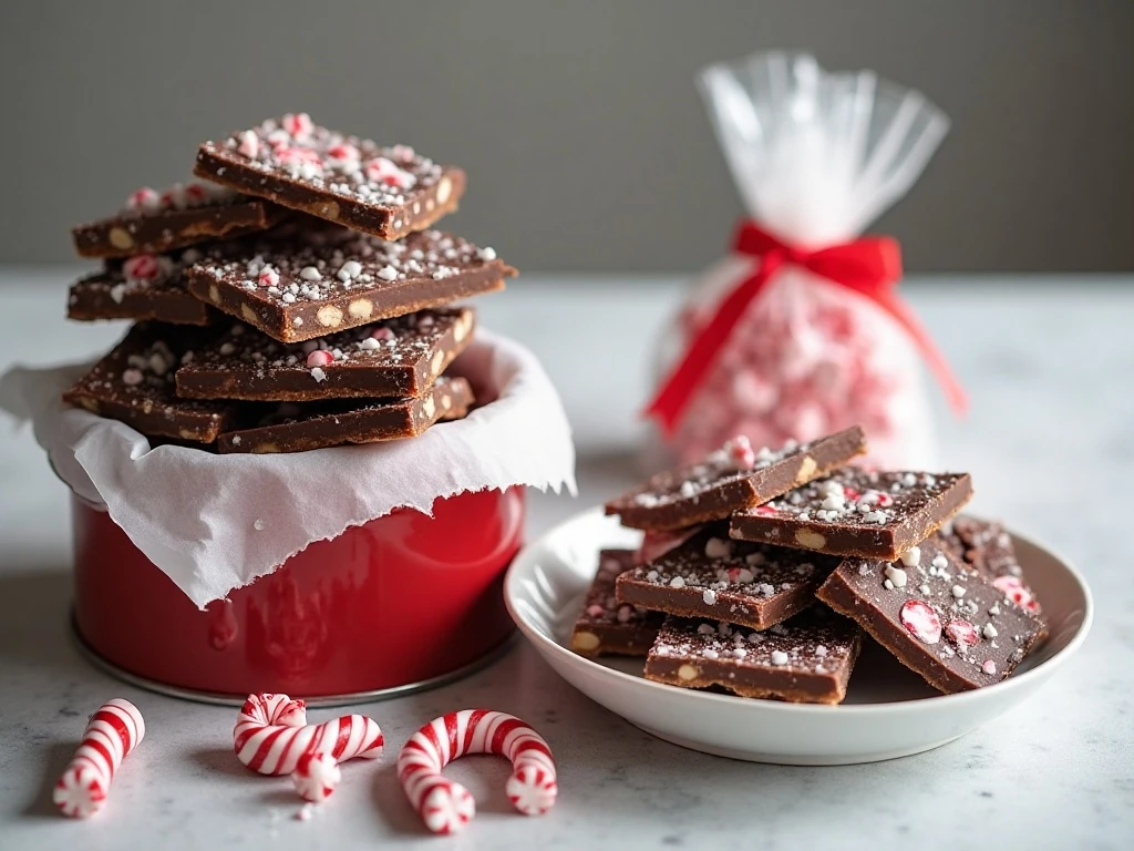 Peppermint bark packaged in a holiday gift tin