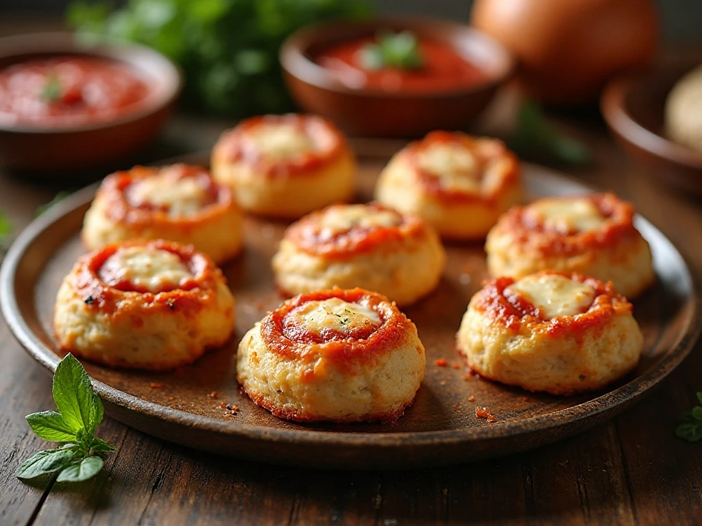 Golden pepperoni cheese pizza bombs served with marinara sauce