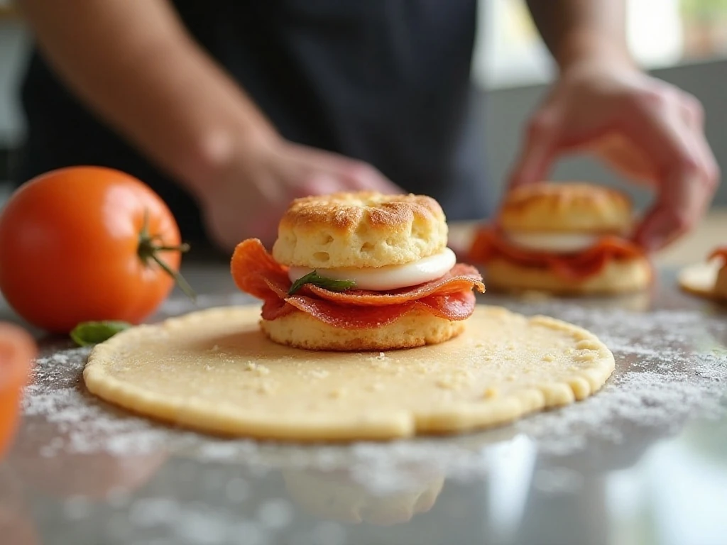 Filling biscuit dough with pepperoni and mozzarella for pizza bombs