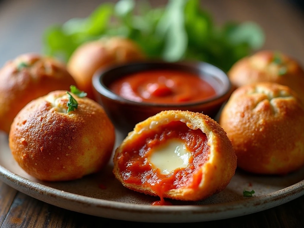 Pizza bombs with warm marinara dipping sauce