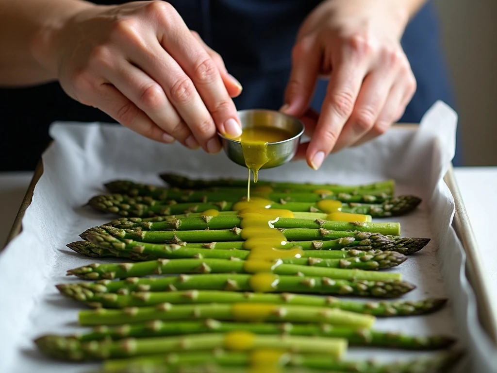 Asparagus arranged on a baking sheet before roasting