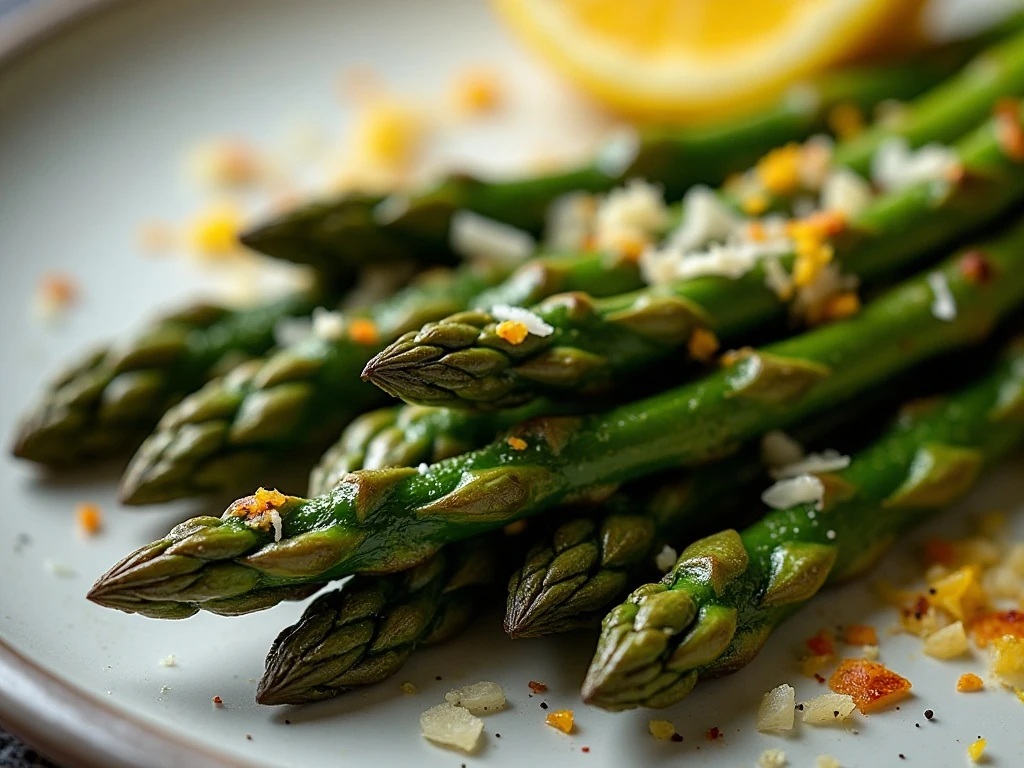 Roasted asparagus finished with lemon zest and Parmesan