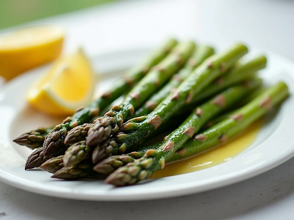Perfect roasted asparagus with browned tips and lemon wedges