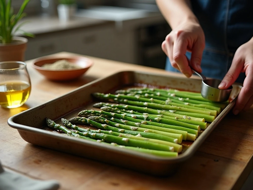 Asparagus arranged on a baking sheet before roasting