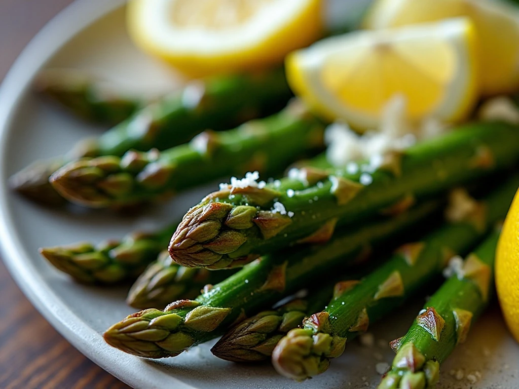Close-up of browned asparagus tips with lemon and Parmesan