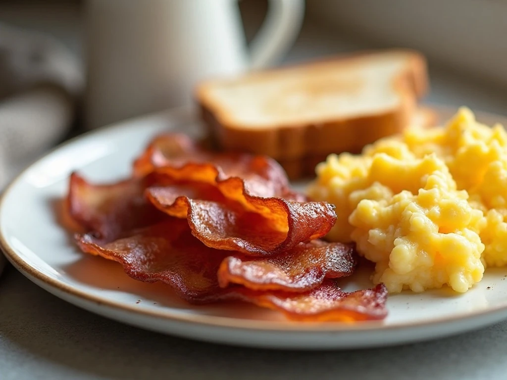 Perfectly crisp bacon served with eggs and toast
