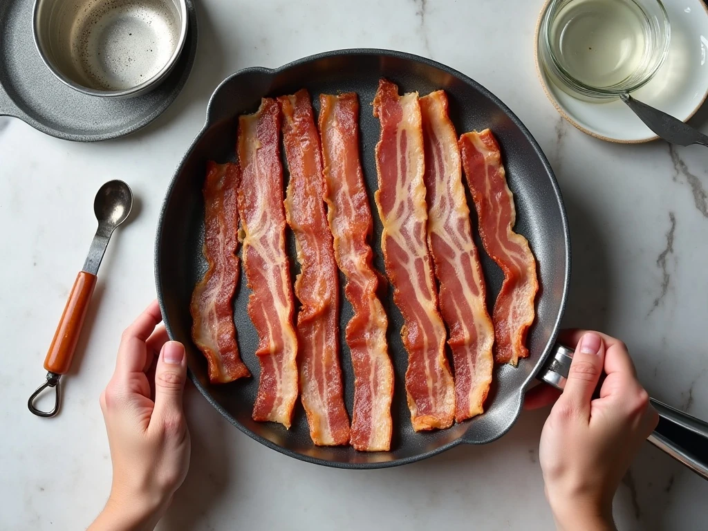Bacon, water, skillet, and tools for the easy bacon recipe