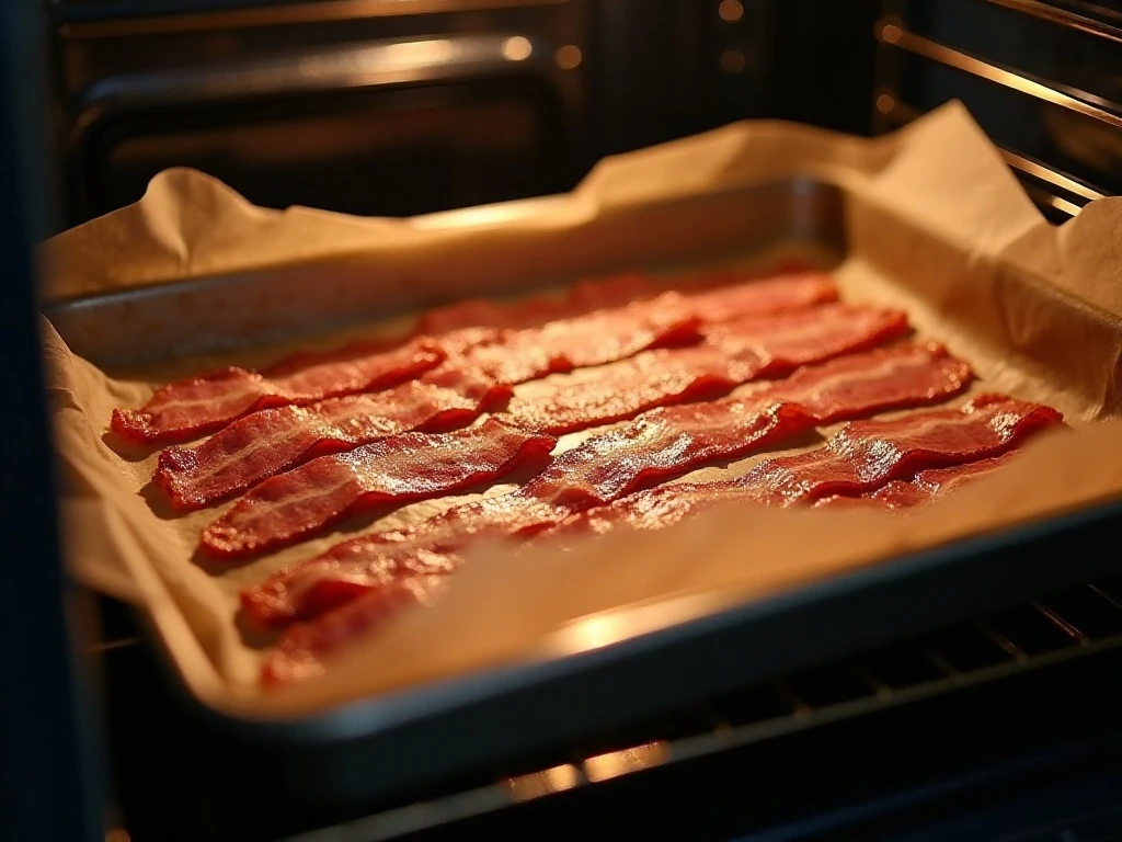 Bacon arranged on a rimmed baking sheet for oven cooking