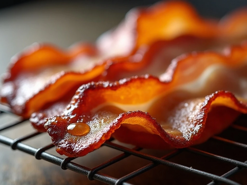 Close-up of crisp evenly cooked bacon draining on a wire rack