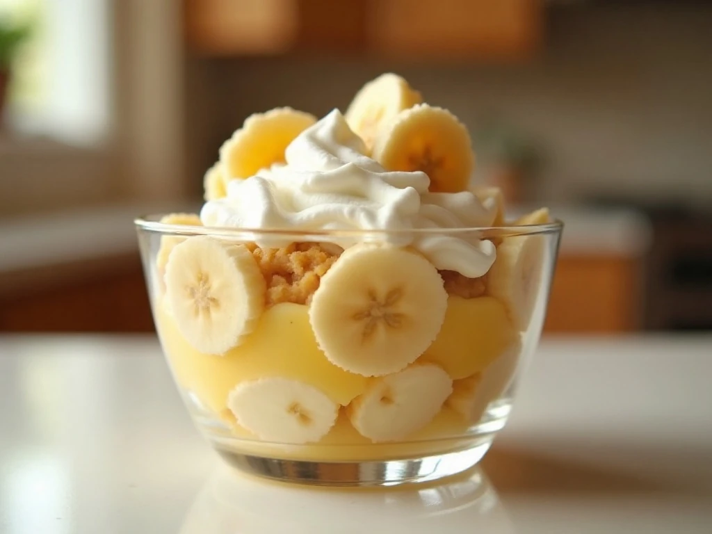Layered homemade banana pudding in a clear serving bowl