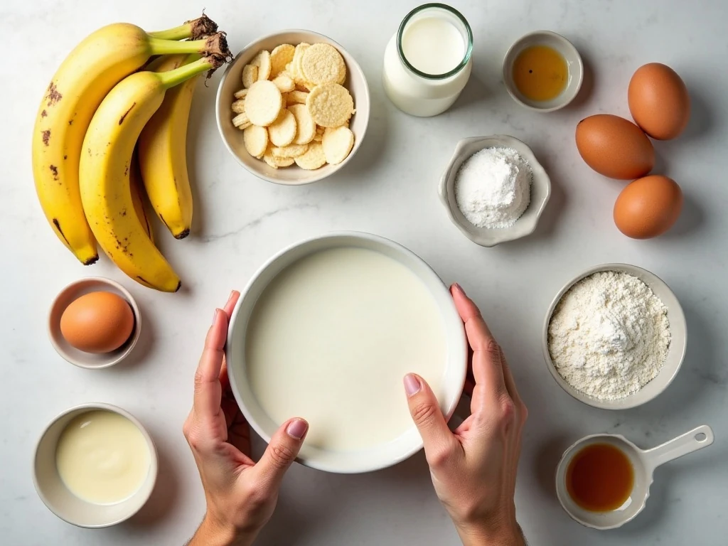 Ingredients for homemade banana pudding arranged on a counter