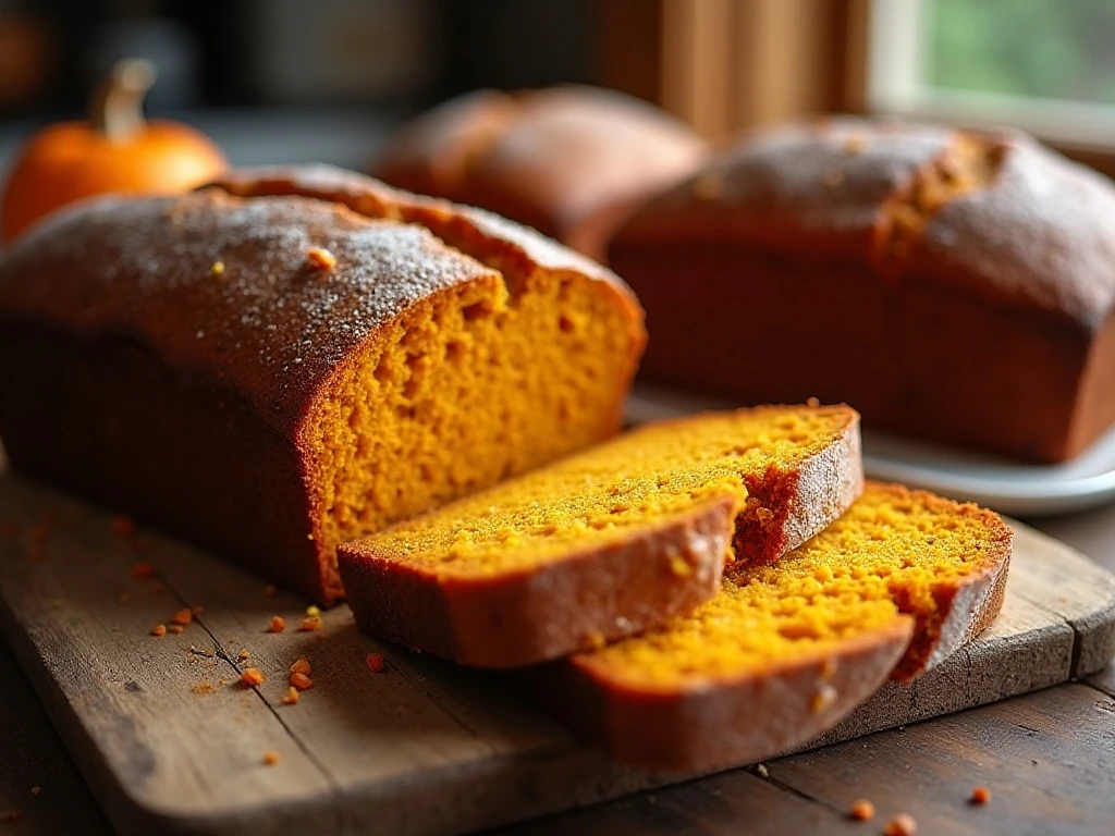 Three moist homemade pumpkin bread loaves with one sliced for serving