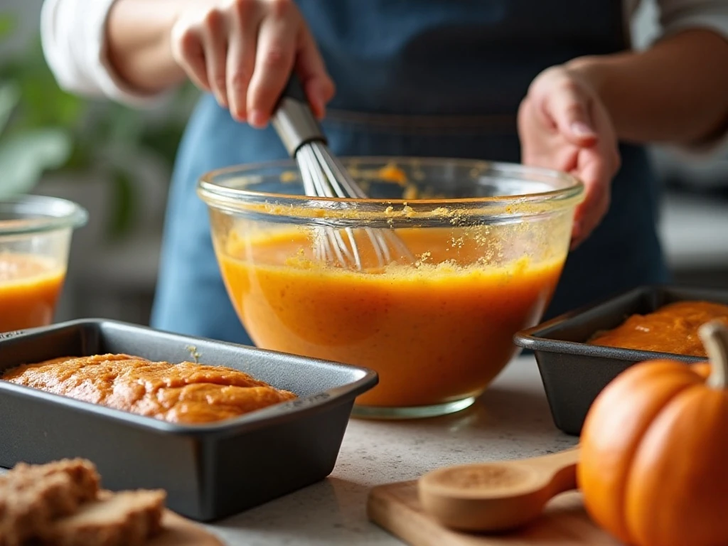 Pumpkin bread batter being mixed before portioning into loaf pans