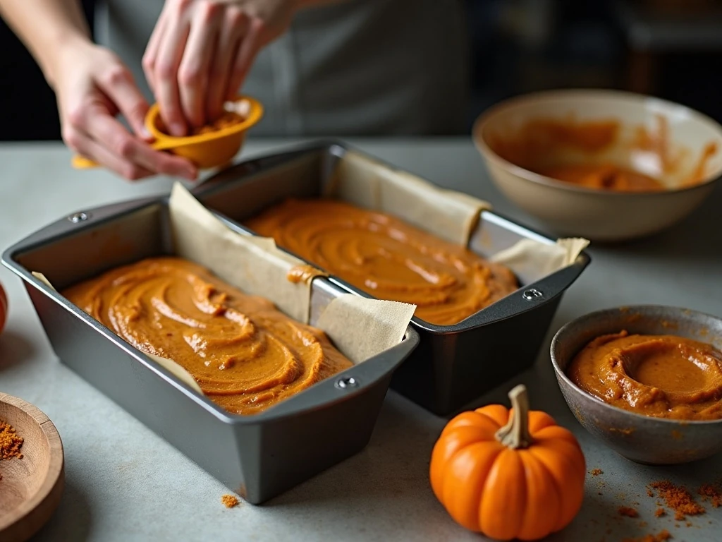 Evenly portioned pumpkin bread batter in three loaf pans