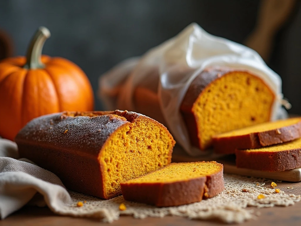 Pumpkin bread loaves and slices prepared for storage
