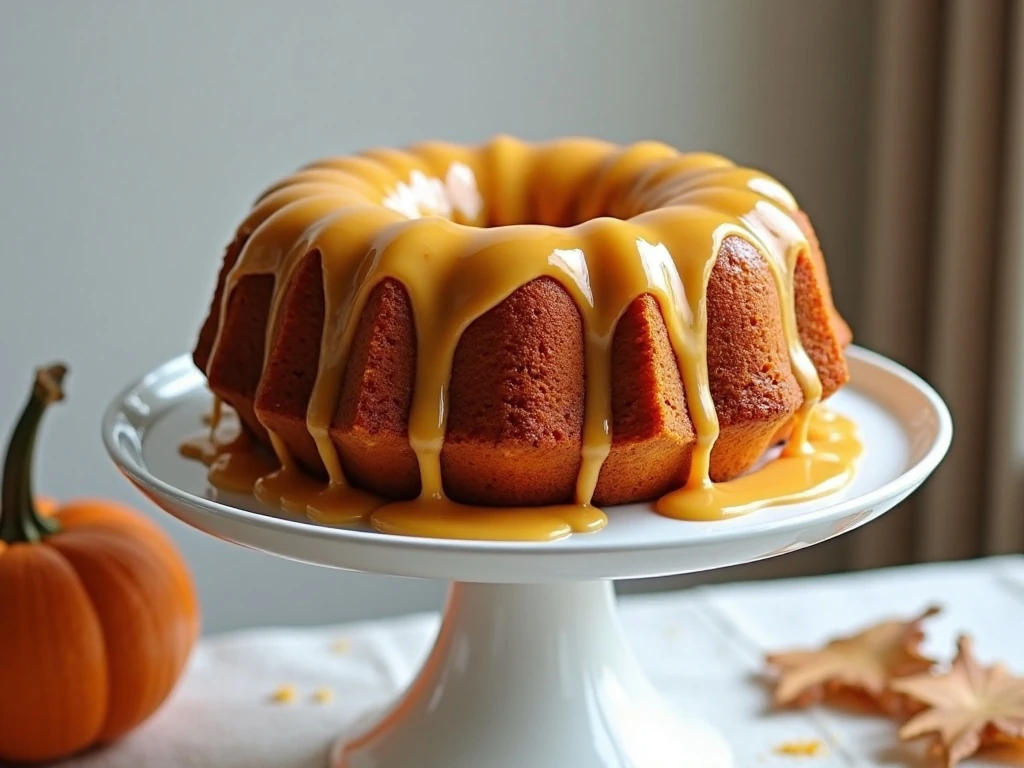 Whole glazed sweet potato Bundt cake on a cake stand