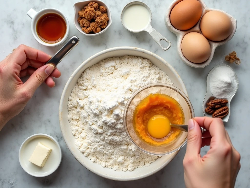 Ingredients for glazed sweet potato cake arranged in a flat lay