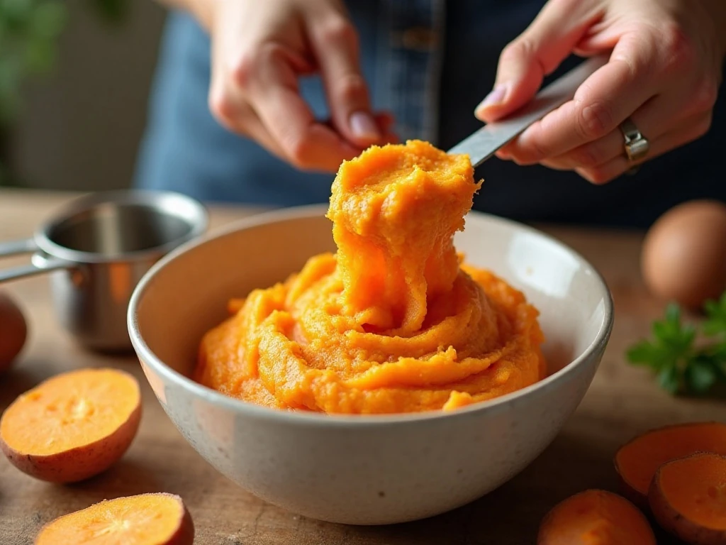 Cooked sweet potatoes being mashed for cake batter