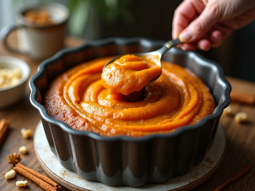 Sweet potato cake batter being added to a Bundt pan