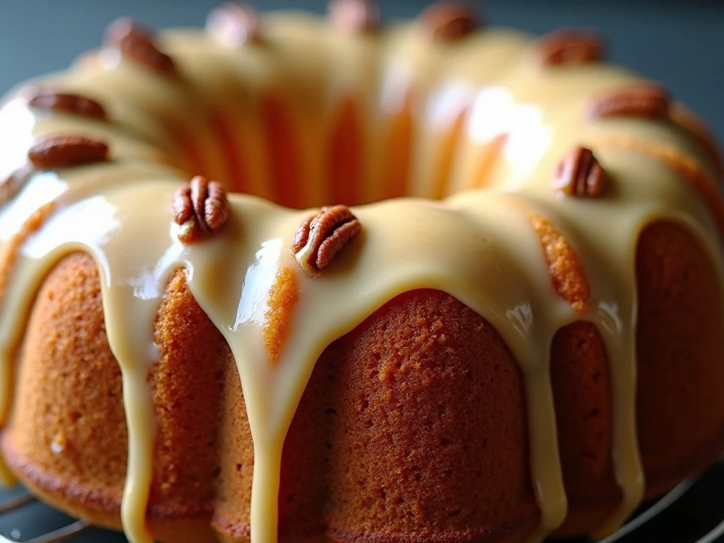 Moist golden crumb and defined ridges on glazed sweet potato cake