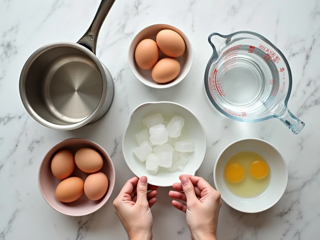Eggs, cold water, and ice for making hard-boiled eggs