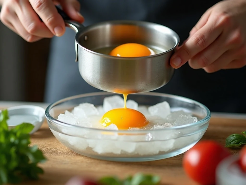 Eggs being chilled in an ice-water bath after cooking