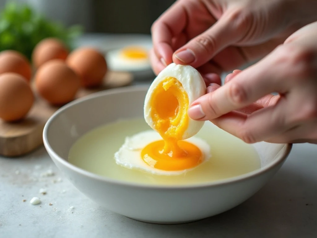 Peeling a chilled hard-boiled egg under water
