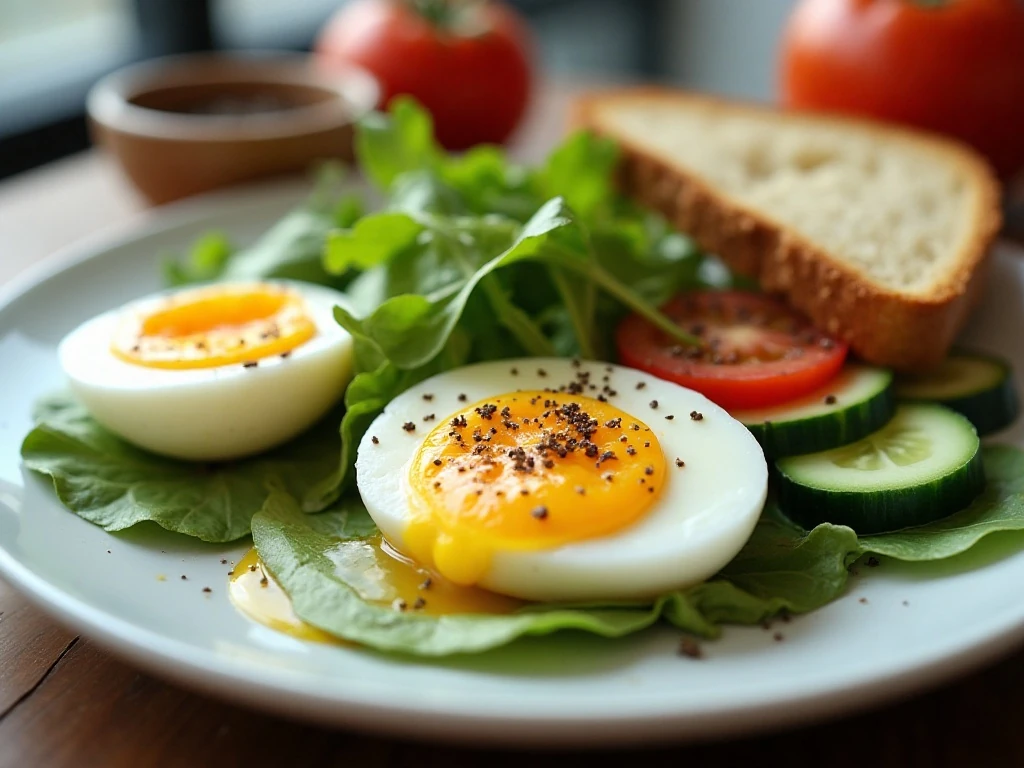 Hard-boiled eggs served with salad greens and toast