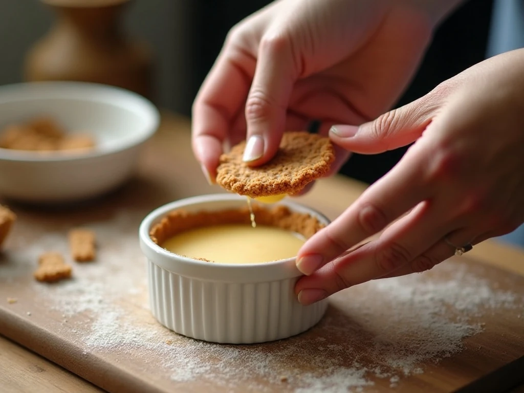 Preparing graham-cracker crusts for ramekin cheesecakes